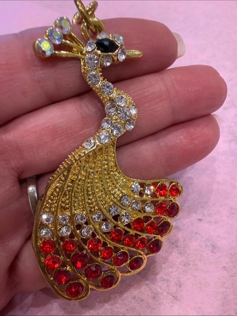 Peacock Keychain Charm with Red Crystal Accents in gold tone nwot